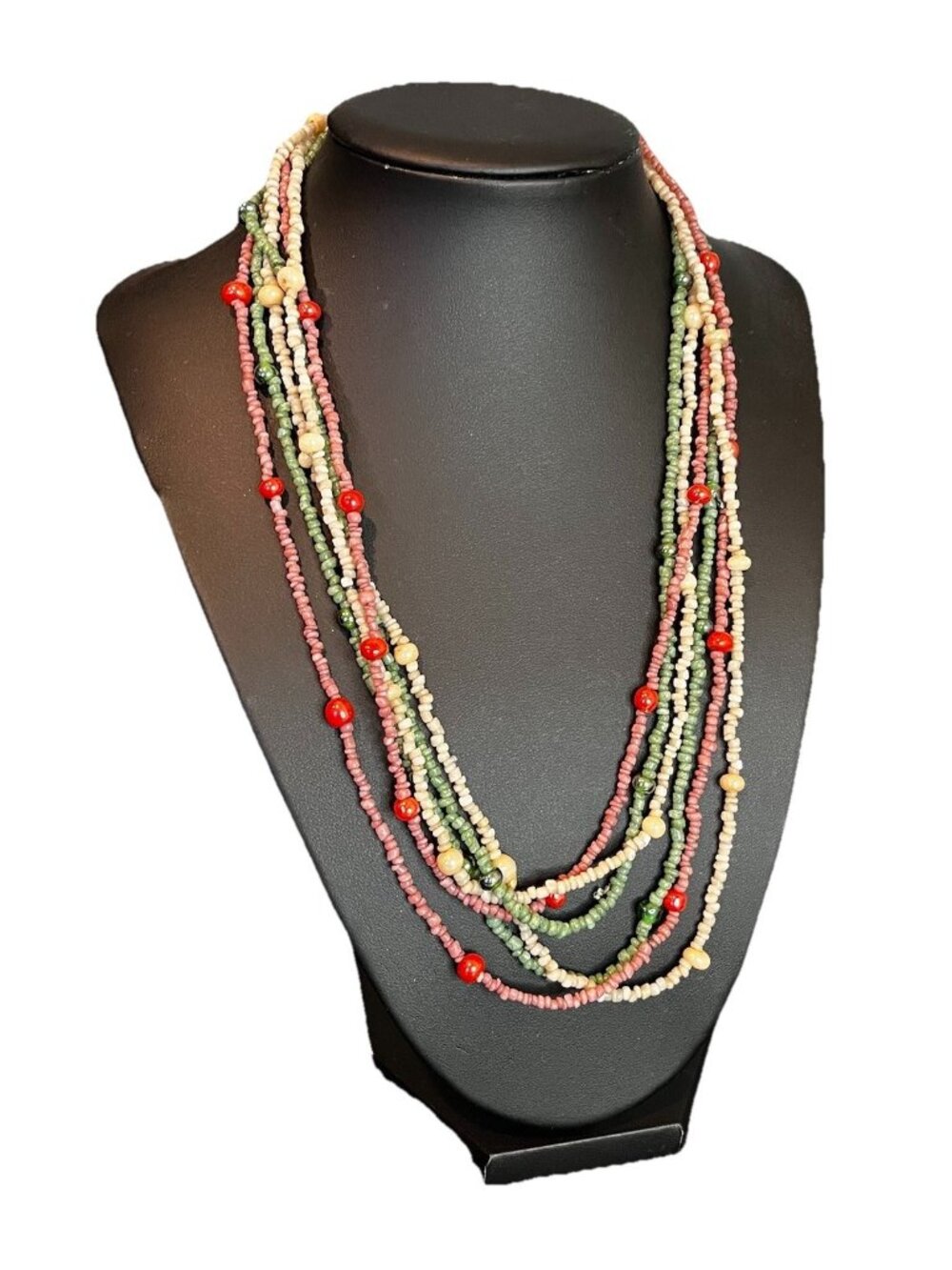 Multi-Strand Pink Green And Cream Beaded Necklace